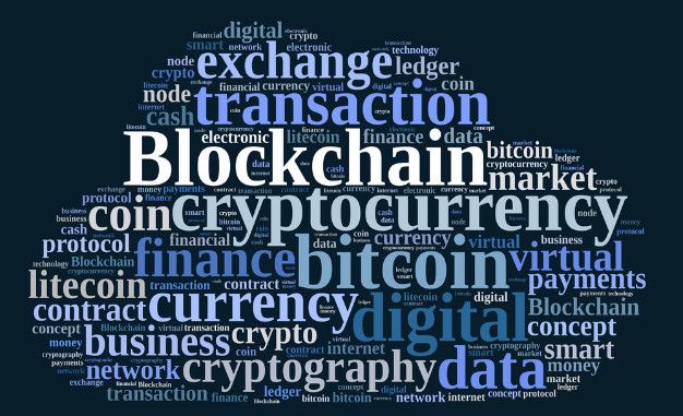 A word cloud of words related to blockchain and cryptocurrency.